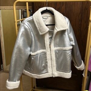 Silver Faux Leather Jacket with Shearling Trim